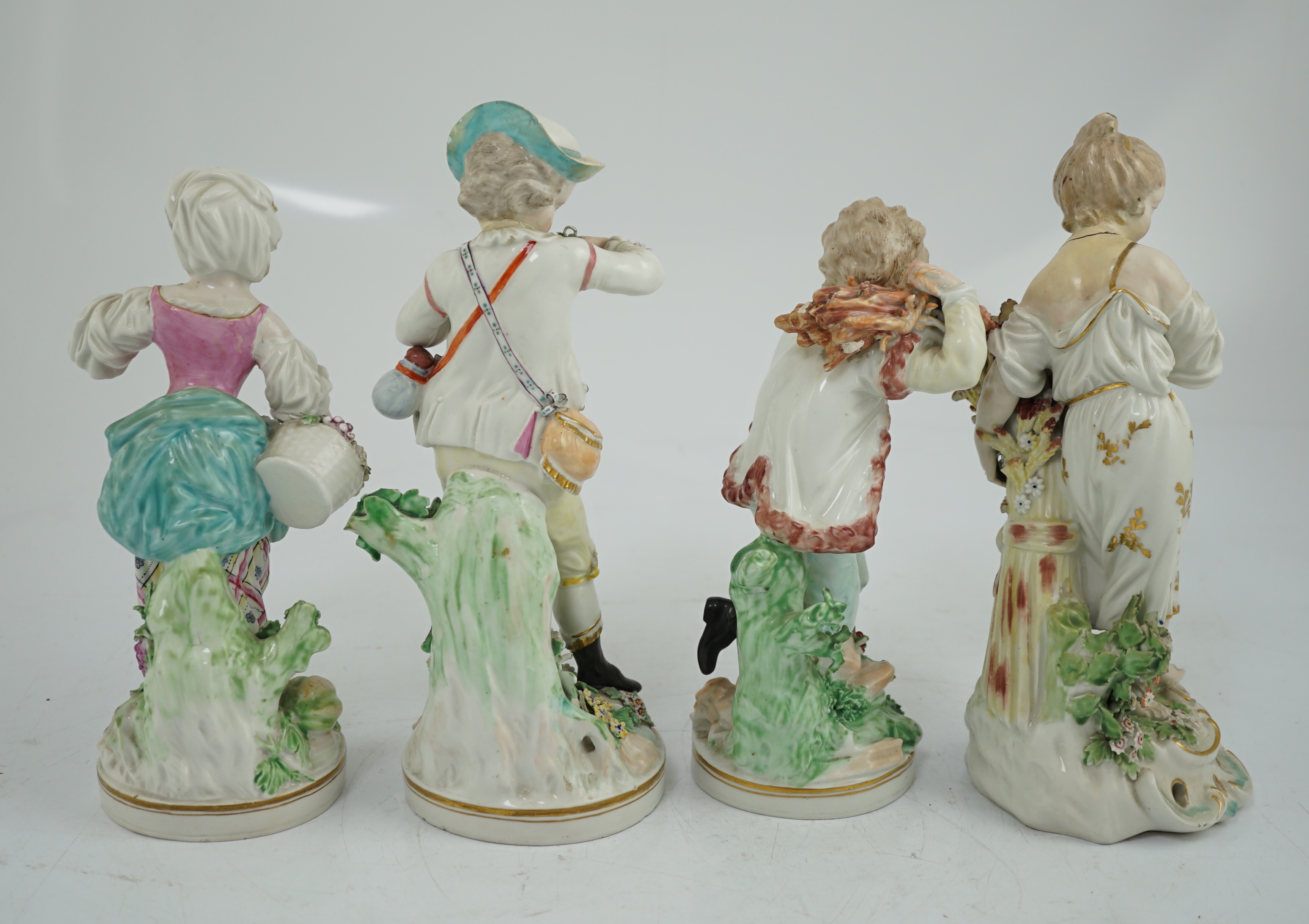 A composed set of four Derby figures emblematic of the Seasons, late 18th century, modelled by Pierre Stephan, some restoration